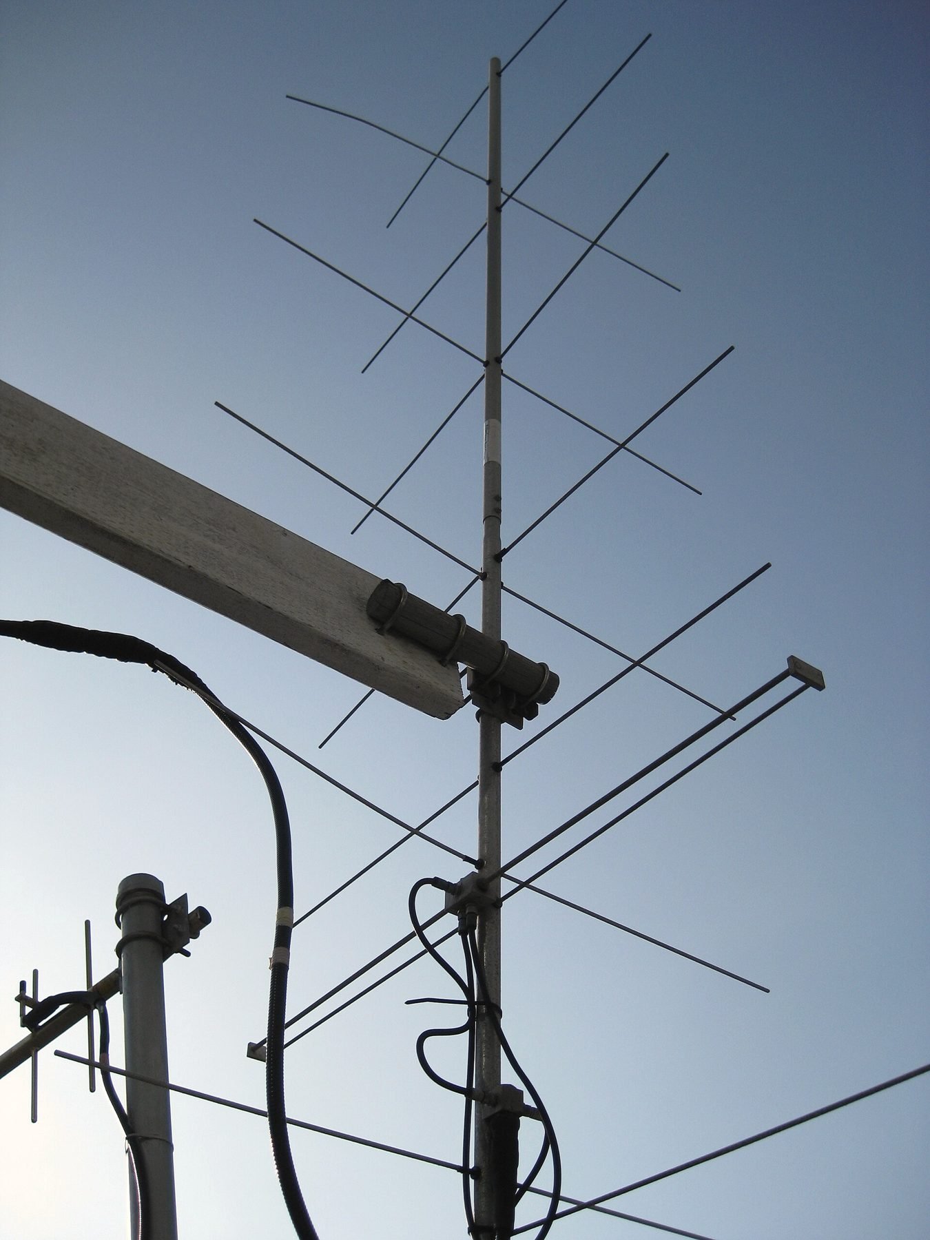 An antenna and feedline mounted on a utility pole.