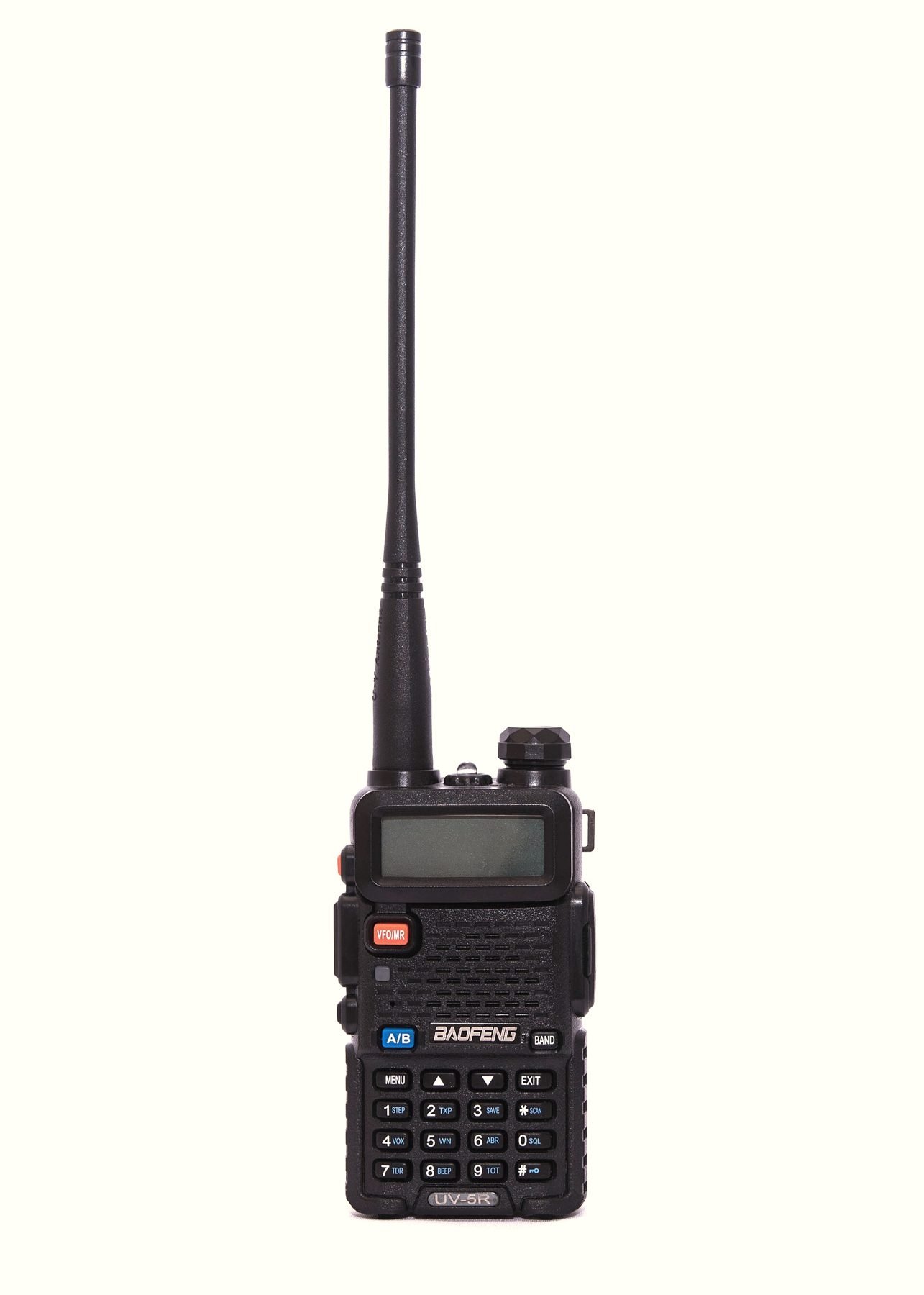 A black handheld two-way radio with a short antenna and keypad.